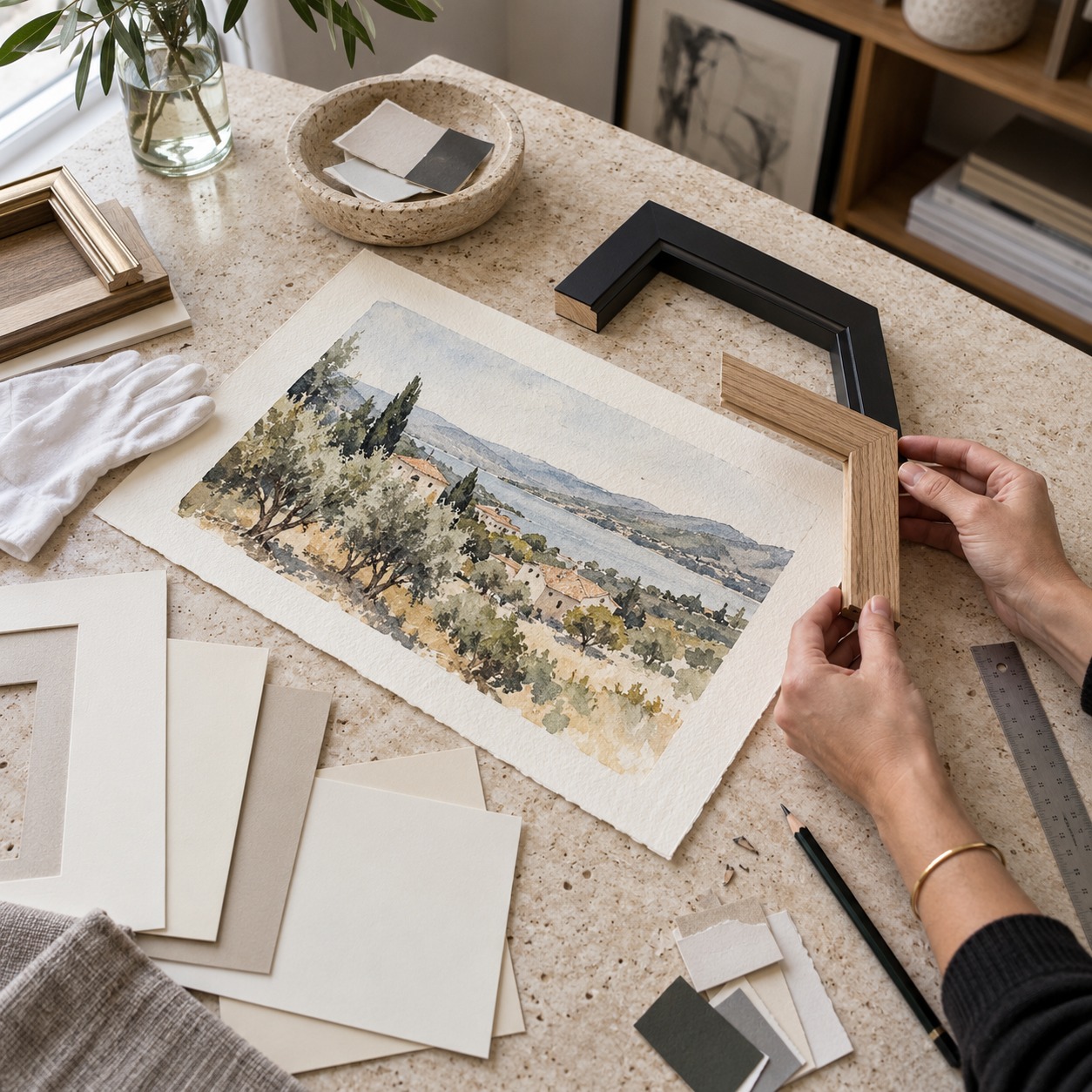 Designer comparing frame and mat samples beside artwork on a travertine table