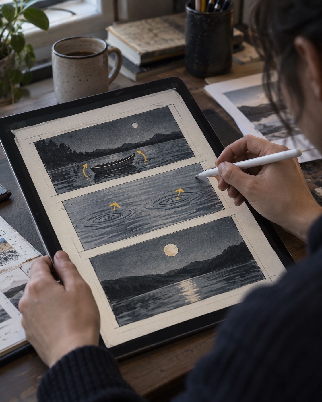 Restrained motion storyboard Designer marking boat movement and ripple directions on a tablet storyboard | Sky Rye Design Designer marking boat movement and ripple directions on a tablet storyboard