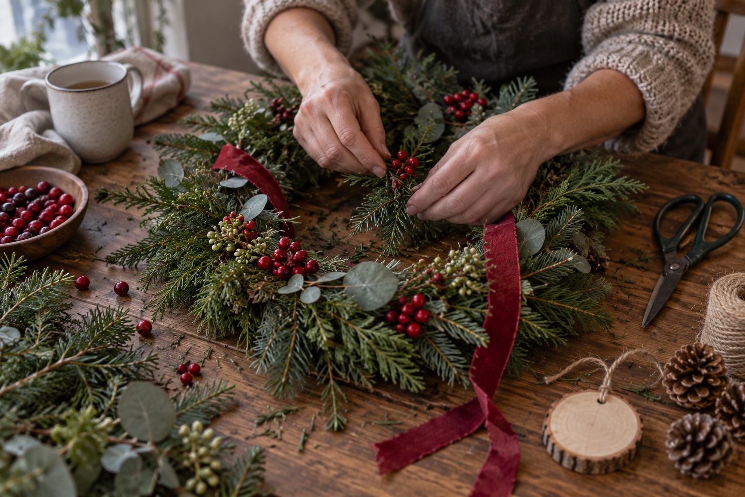 Making a Christmas wreath Hands assembling a Christmas wreath with greenery, berries and ribbon on a wooden table. | Sky Rye Design Hands assembling a Christmas wreath with greenery, berries and ribbon on a wooden table.