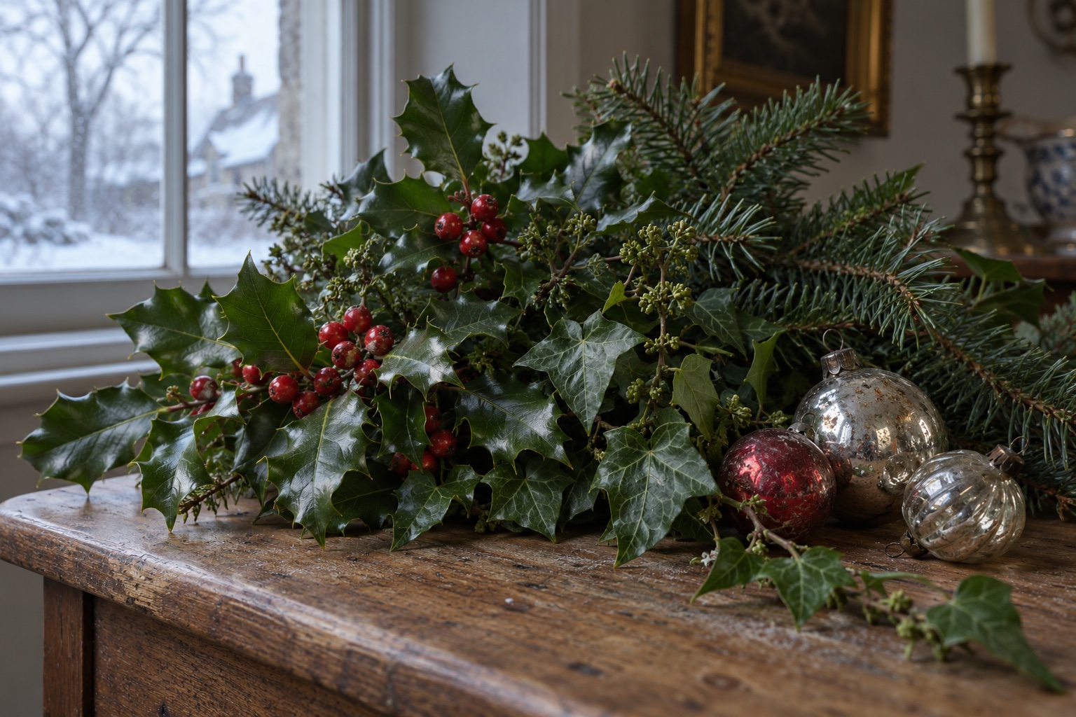 Christmas evergreen traditions Holly, ivy, evergreen branches and heirloom glass ornaments arranged beside a winter window. | Sky Rye Design Holly, ivy, evergreen branches and heirloom glass ornaments arranged beside a winter window.