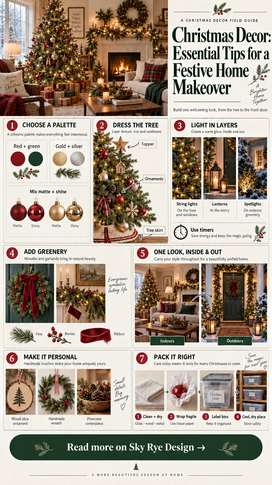 Christmas Decor Essential Tips for a Festive Home Makeover Infographic Christmas decor infographic showing color palettes, tree ornaments, lighting, greenery, indoor and outdoor themes, handmade accents, and storage steps. | Sky Rye Design Christmas decor infographic showing color palettes, tree ornaments, lighting, greenery, indoor and outdoor themes, handmade accents, and storage steps.