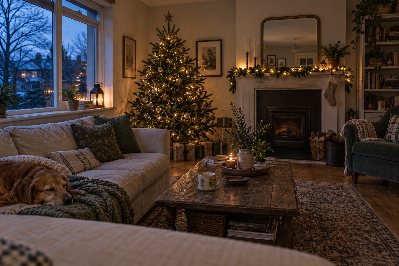 Christmas lights in a living room Living room at dusk with Christmas tree string lights, mantel lights and a lantern beside the window. | Sky Rye Design Living room at dusk with Christmas tree string lights, mantel lights and a lantern beside the window.