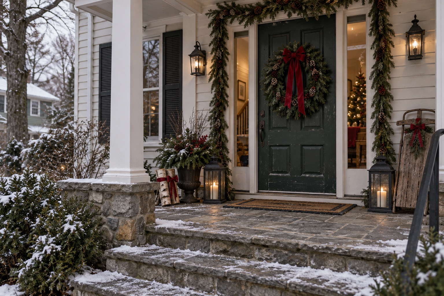 Coordinated outdoor Christmas entry Front porch with evergreen wreath, garland, lanterns and red ribbon. | Sky Rye Design Front porch with evergreen wreath, garland, lanterns and red ribbon.