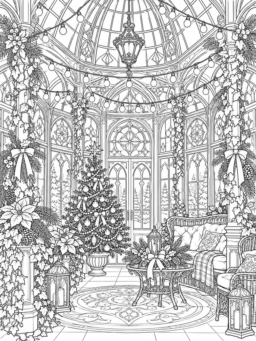 Adult Christmas Lights Coloring Page Victorian Conservatory Detailed adult Christmas lights coloring page with Victorian conservatory, Christmas tree, garlands, stained glass, and hanging bulbs | Sky Rye Design Detailed adult Christmas lights coloring page with Victorian conservatory, Christmas tree, garlands, stained glass, and hanging bulbs