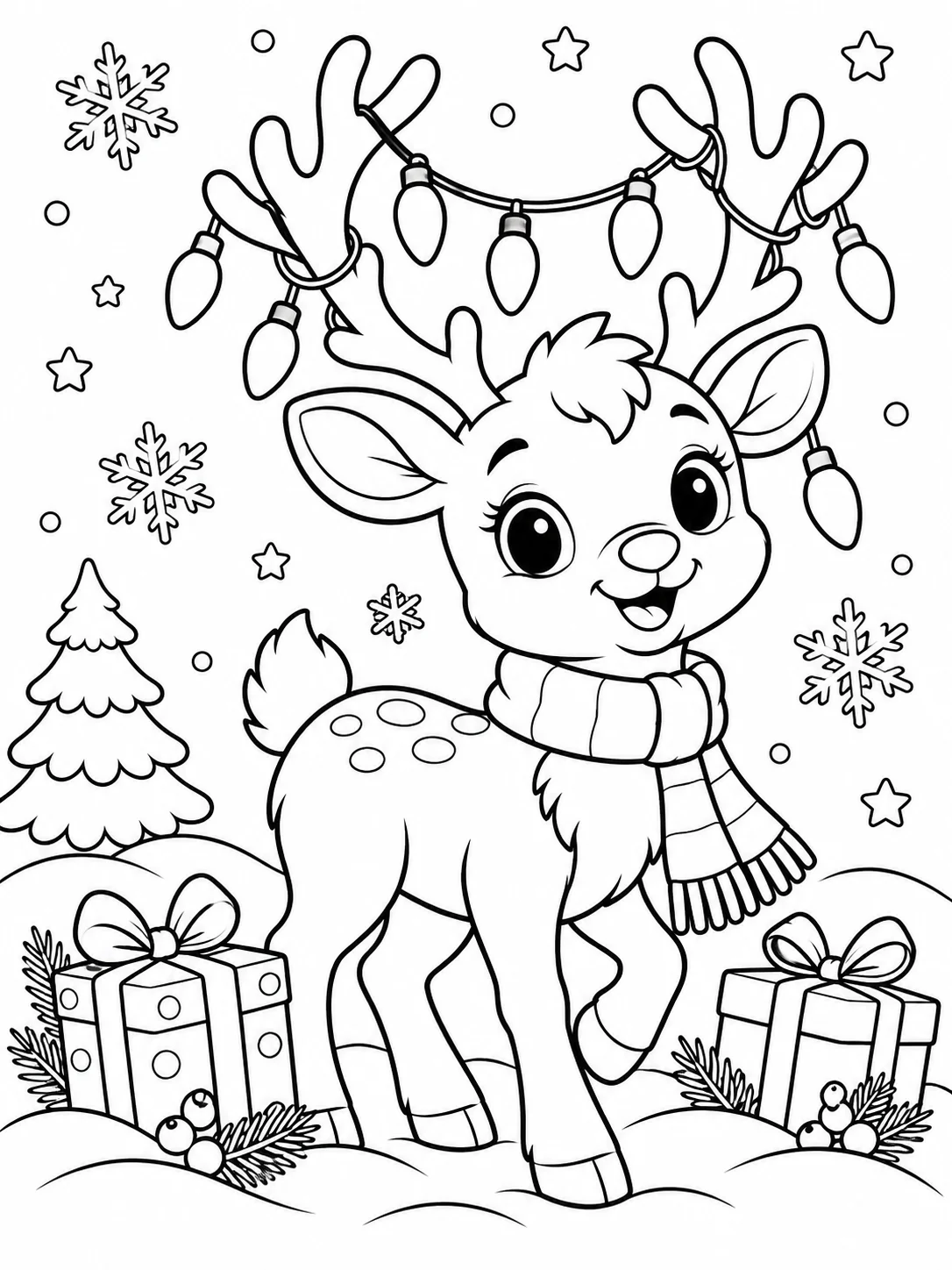 Easy Christmas Lights Coloring Page Baby Reindeer Easy Christmas lights coloring page for kids with cute baby reindeer, oversized bulbs, snowflakes, stars, and gifts | Sky Rye Design Easy Christmas lights coloring page for kids with cute baby reindeer, oversized bulbs, snowflakes, stars, and gifts