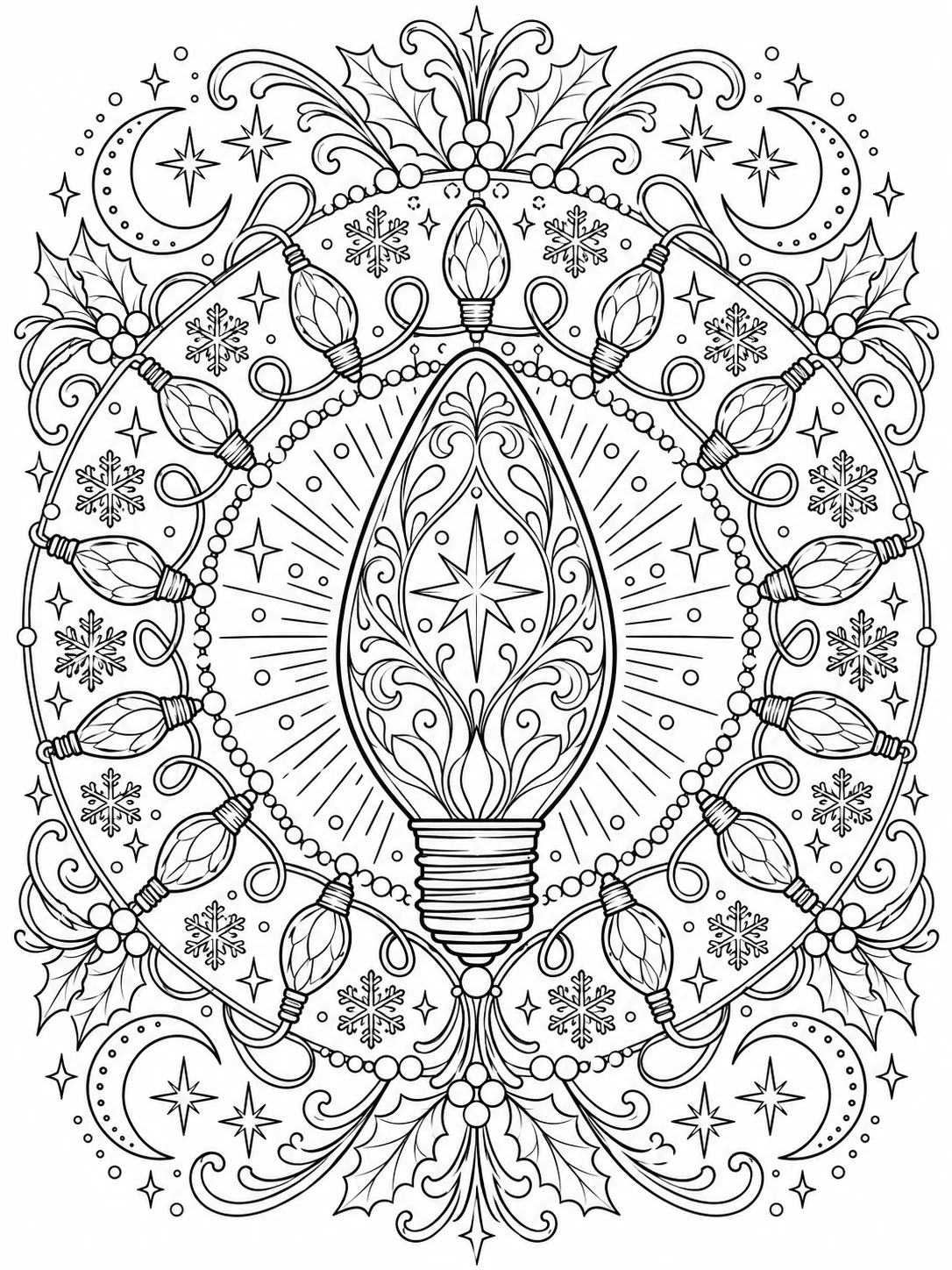 Adult Christmas Light Bulb Mandala Coloring Page Detailed adult Christmas light bulb mandala coloring page with celestial stars, moons, snowflakes, holly, and ornamental filigree | Sky Rye Design Detailed adult Christmas light bulb mandala coloring page with celestial stars, moons, snowflakes, holly, and ornamental filigree