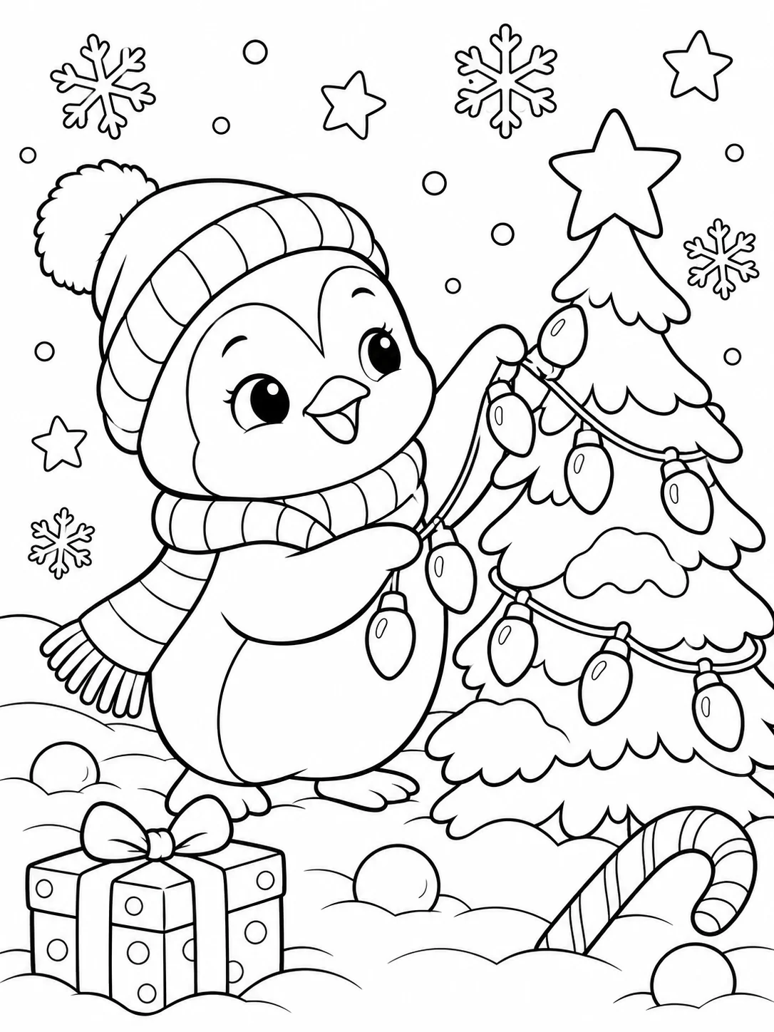Easy Christmas Lights Coloring Page Penguin and Tree Easy Christmas lights coloring page for kids with cute penguin decorating a small tree with oversized bulbs | Sky Rye Design Easy Christmas lights coloring page for kids with cute penguin decorating a small tree with oversized bulbs