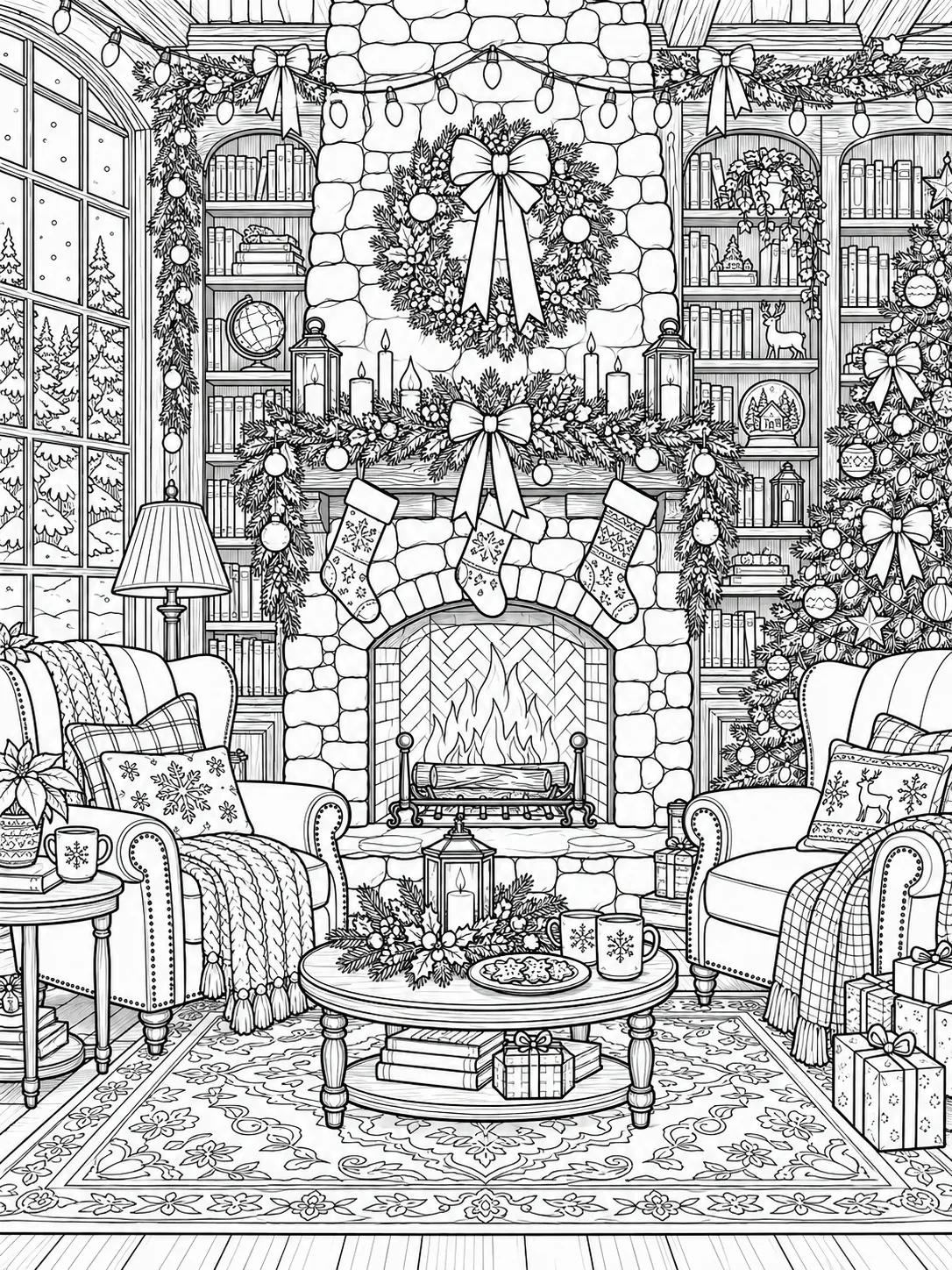Adult Christmas Lights Coloring Page Cozy Library Detailed adult Christmas lights coloring page with cozy library, stone fireplace, garlands, armchairs, bookshelves, and Christmas tree | Sky Rye Design Detailed adult Christmas lights coloring page with cozy library, stone fireplace, garlands, armchairs, bookshelves, and Christmas tree