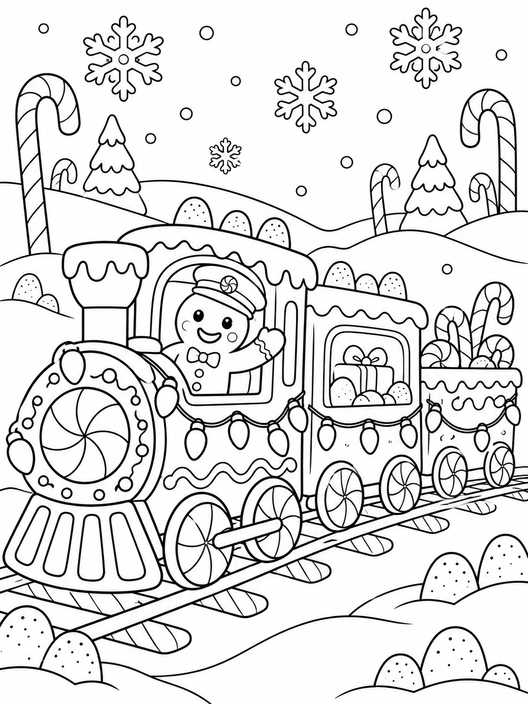 Easy Christmas Lights Coloring Page Gingerbread Train Easy Christmas lights coloring page for kids with gingerbread train, large bulbs, candy canes, snowflakes, and winter hills | Sky Rye Design Easy Christmas lights coloring page for kids with gingerbread train, large bulbs, candy canes, snowflakes, and winter hills