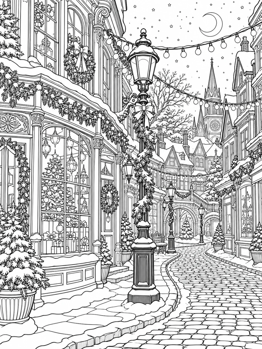 Adult Christmas Lights Coloring Page Victorian Village Detailed adult Christmas lights coloring page with Victorian winter village, lampposts, garlands, wreaths, shops, and snowy street | Sky Rye Design Detailed adult Christmas lights coloring page with Victorian winter village, lampposts, garlands, wreaths, shops, and snowy street