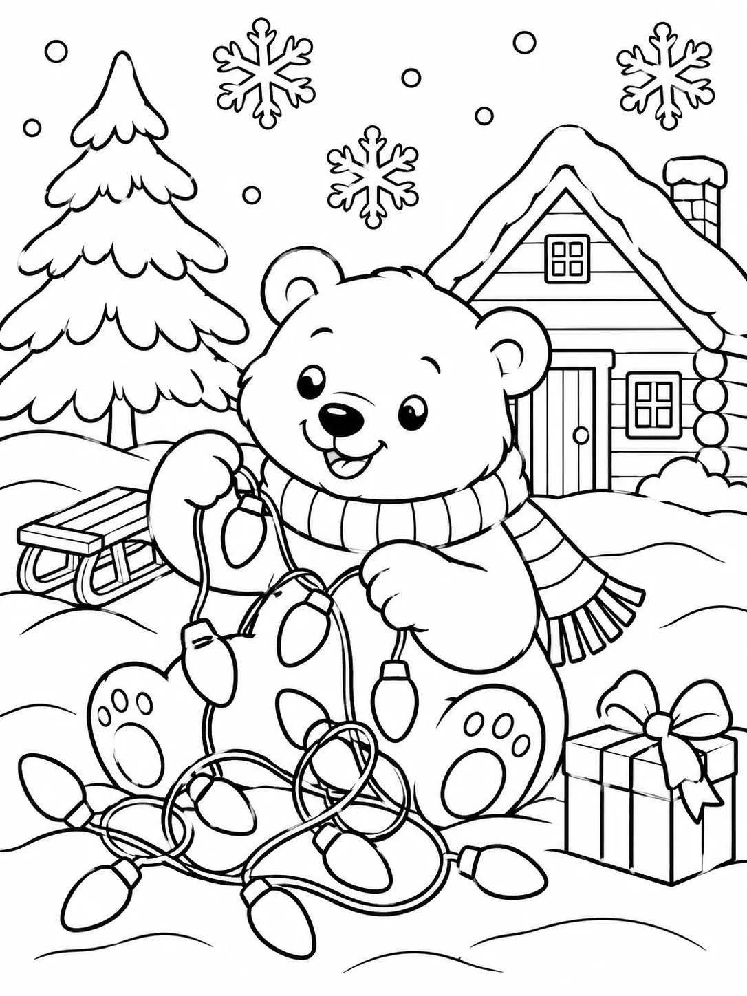 Easy Christmas Lights Coloring Page Polar Bear Easy Christmas lights coloring page for kids with friendly polar bear untangling oversized bulbs beside snowy cabin | Sky Rye Design Easy Christmas lights coloring page for kids with friendly polar bear untangling oversized bulbs beside snowy cabin