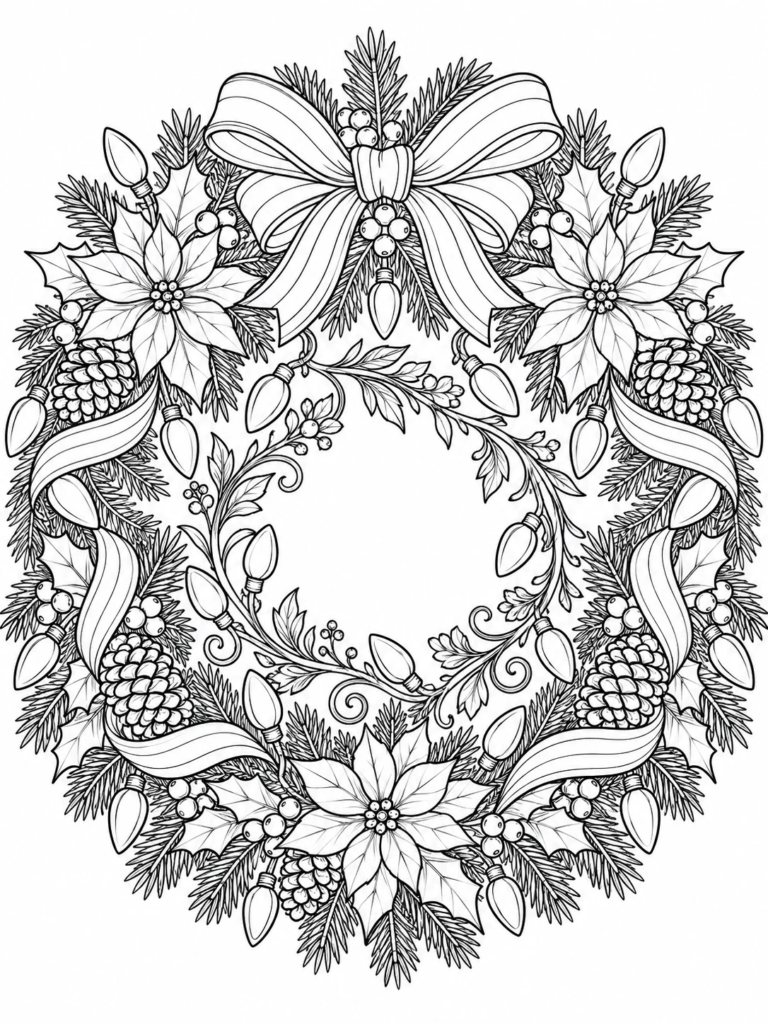 Adult Christmas Lights Coloring Page Botanical Wreath Detailed adult Christmas lights coloring page with botanical wreath, poinsettias, pinecones, ribbons, holly, and bulbs | Sky Rye Design Detailed adult Christmas lights coloring page with botanical wreath, poinsettias, pinecones, ribbons, holly, and bulbs
