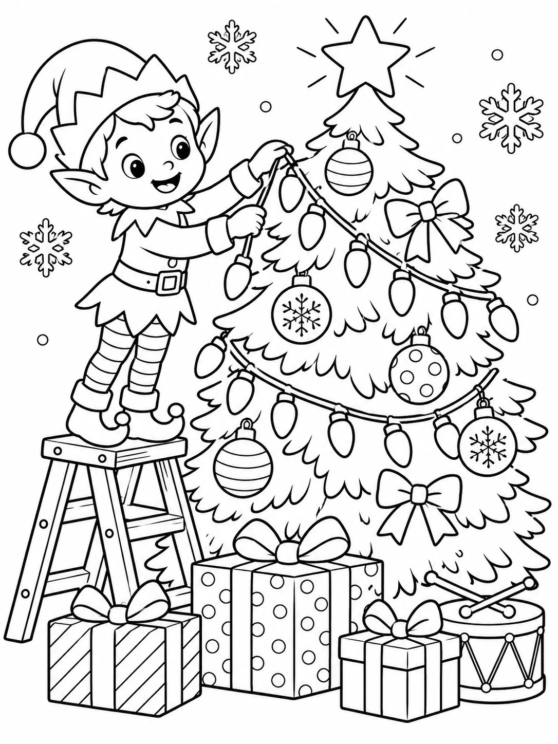 Easy Christmas Lights Coloring Page Elf Decorating Tree Easy Christmas lights coloring page for kids with cheerful elf hanging large bulbs on Christmas tree beside gifts and toy drum | Sky Rye Design Easy Christmas lights coloring page for kids with cheerful elf hanging large bulbs on Christmas tree beside gifts and toy drum