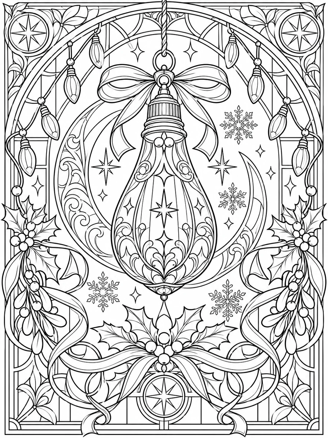 Adult Christmas Lights Coloring Page Art Nouveau Panel Detailed adult Christmas lights coloring page with Art Nouveau bulb, crescent moon, holly, mistletoe, ribbons, stars, and snowflakes | Sky Rye Design Detailed adult Christmas lights coloring page with Art Nouveau bulb, crescent moon, holly, mistletoe, ribbons, stars, and snowflakes