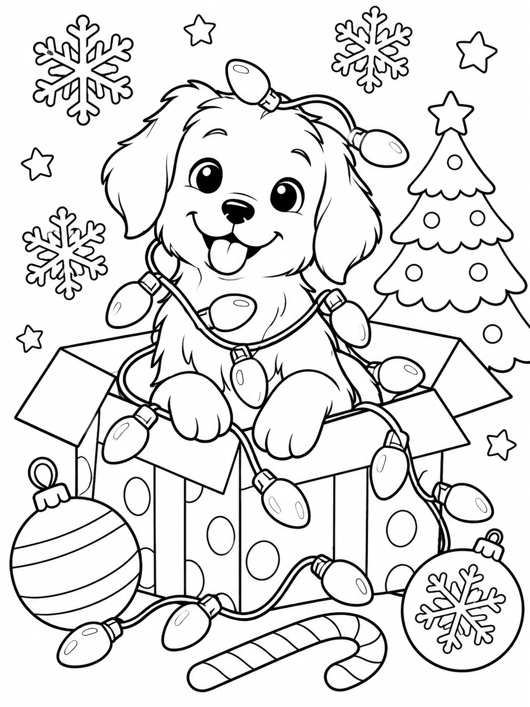 Easy Christmas Lights Coloring Page Puppy in Gift Box Easy Christmas lights coloring page for kids with cute puppy in gift box surrounded by oversized bulbs, ornaments, stars, and snowflakes | Sky Rye Design Easy Christmas lights coloring page for kids with cute puppy in gift box surrounded by oversized bulbs, ornaments, stars, and snowflakes