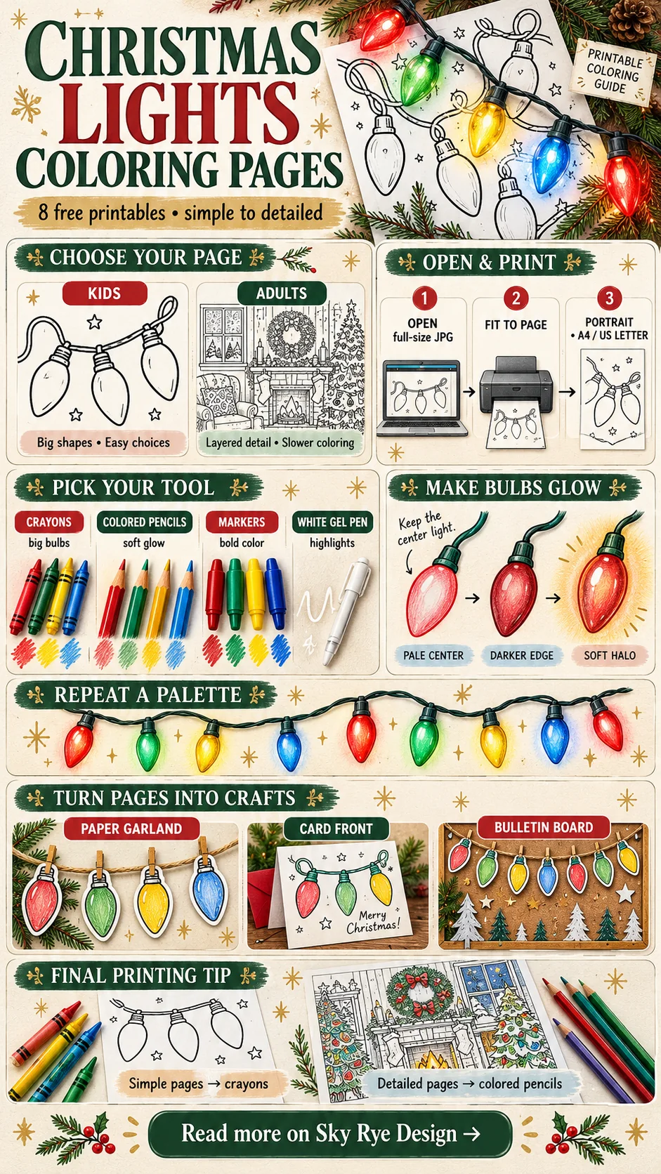 Christmas Lights Coloring Pages Infographic Christmas lights coloring pages infographic with printable page choices, printing steps, coloring tools, glow technique, palette, and holiday craft ideas | Sky Rye Design Christmas lights coloring pages infographic with printable page choices, printing steps, coloring tools, glow technique, palette, and holiday craft ideas