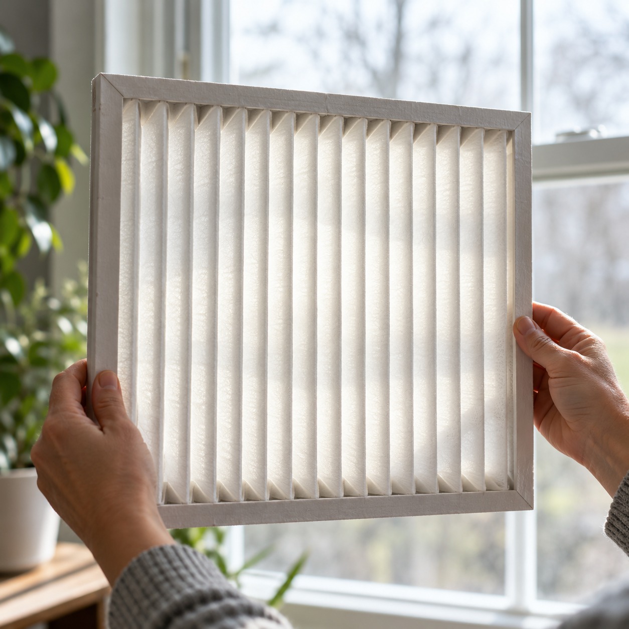 Clean pleated air filter Hands hold a clean pleated air filter against soft window light. | Sky Rye Design Hands hold a clean pleated air filter against soft window light.