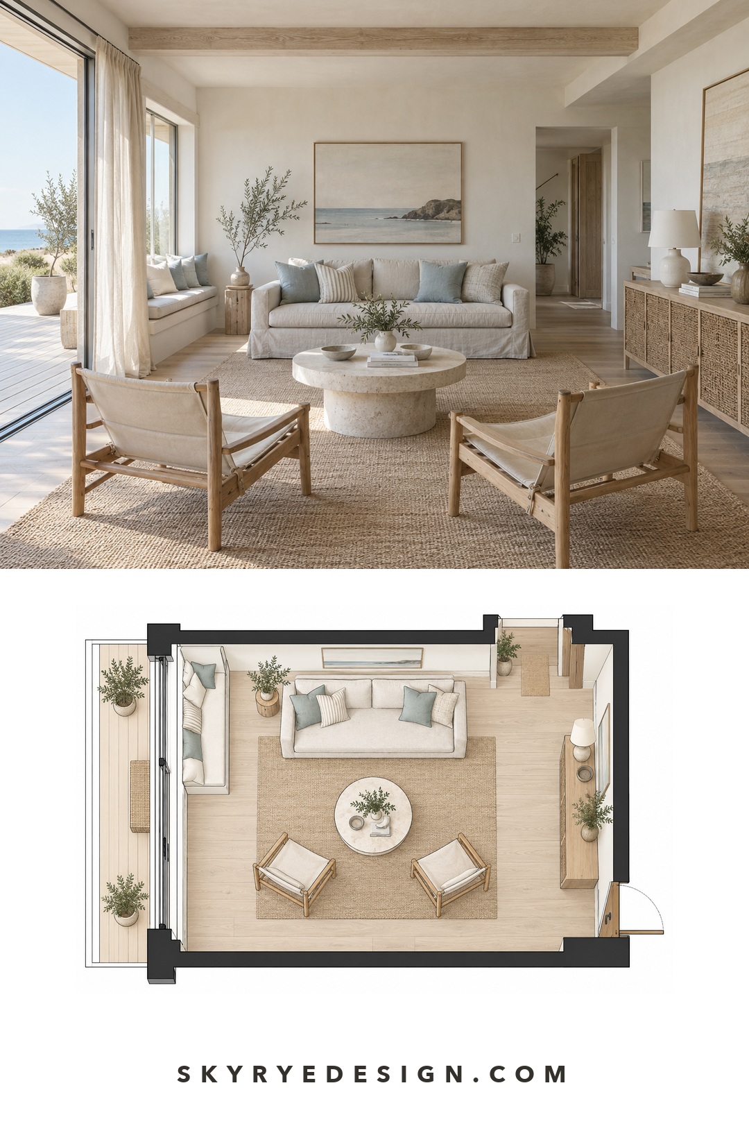 Coastal modern living room photo paired with a top-down furniture plan and terrace connection