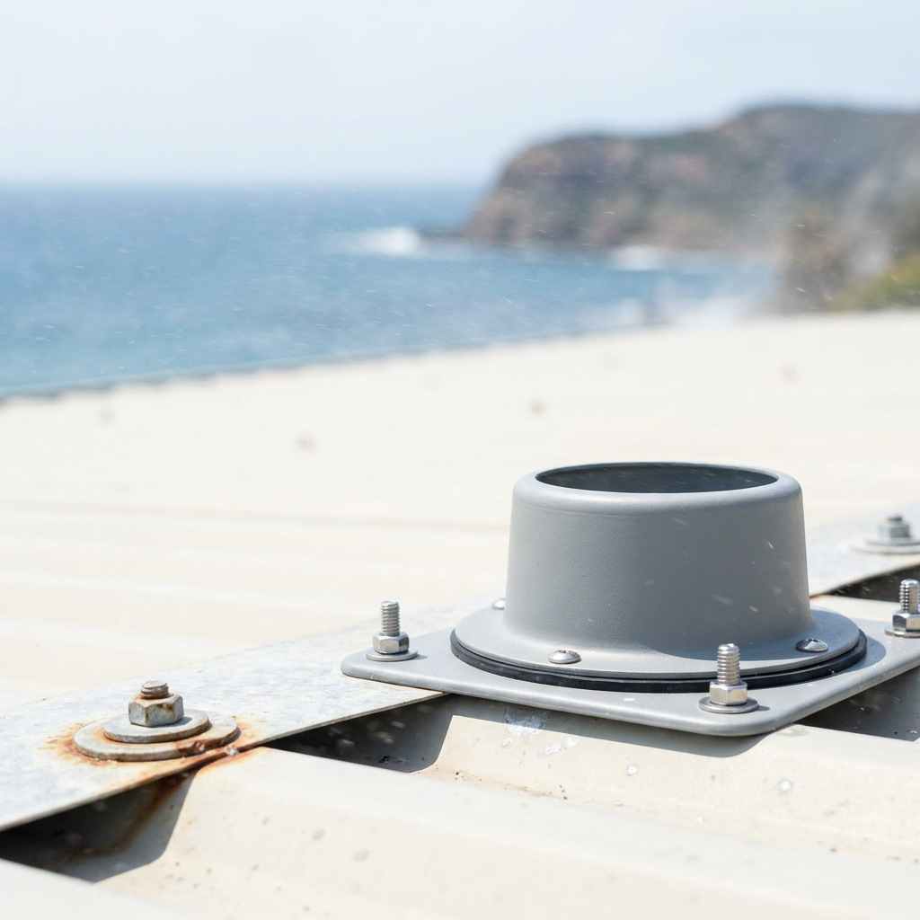 Stainless fixings and a matte roof ventilator housing on a metal roof near the coast