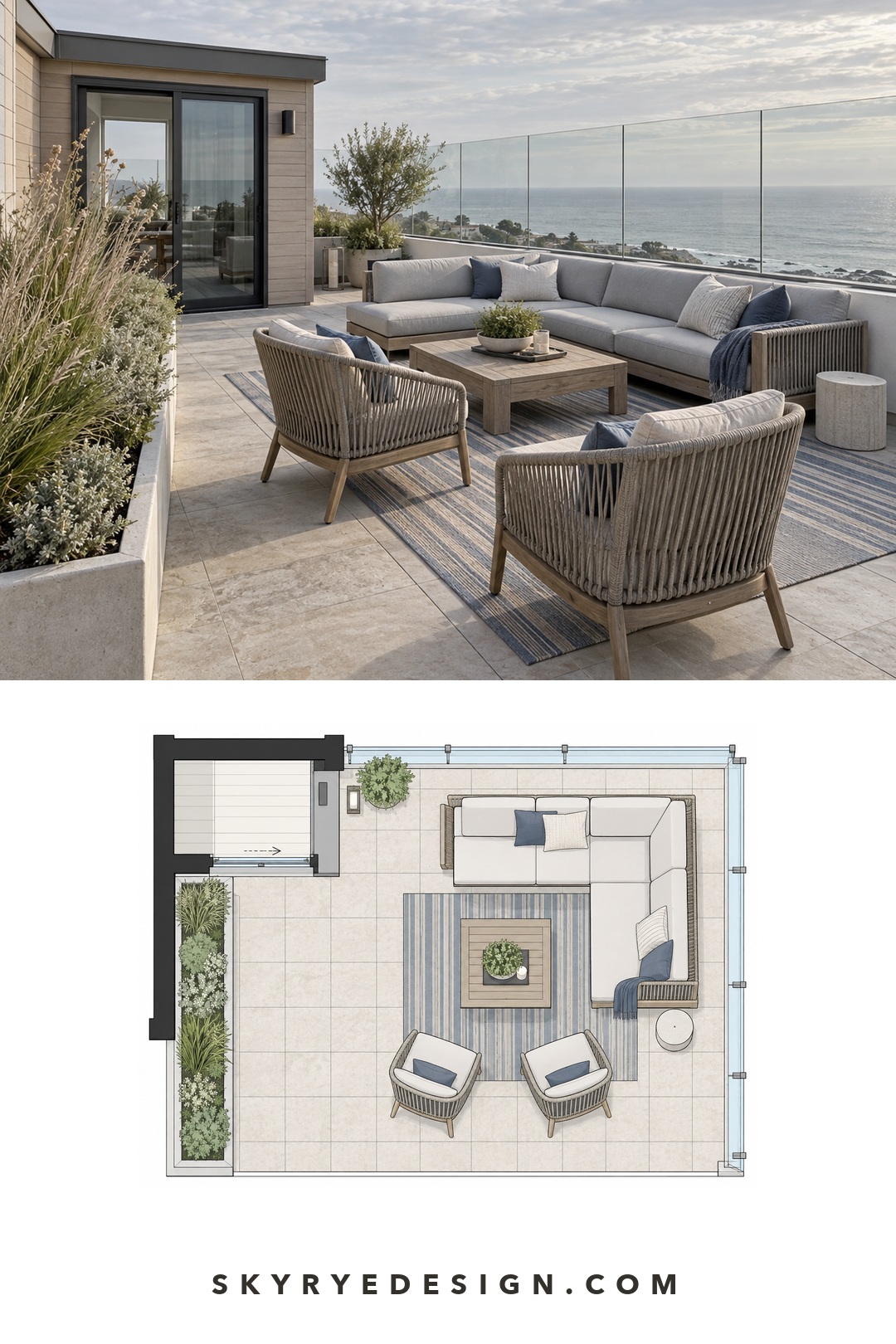 Coastal rooftop terrace photograph paired with a top-down plan showing the sectional, lounge chairs, coffee table, access door, glass screen, and planter