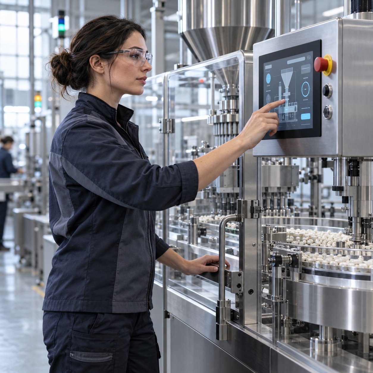 Coffee capsule machine HMI ergonomics Operator using the touchscreen interface of a capsule packaging line | Sky Rye Design Operator using the touchscreen interface of a capsule packaging line