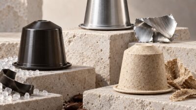 Plastic, aluminum and compostable coffee capsules on stone plinths