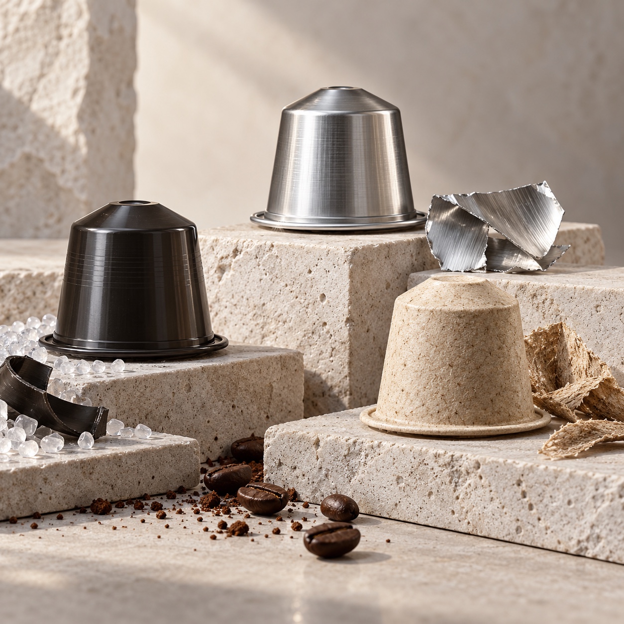 Coffee capsule material comparison Plastic, aluminum and compostable coffee capsules on stone plinths | Sky Rye Design Plastic, aluminum and compostable coffee capsules on stone plinths