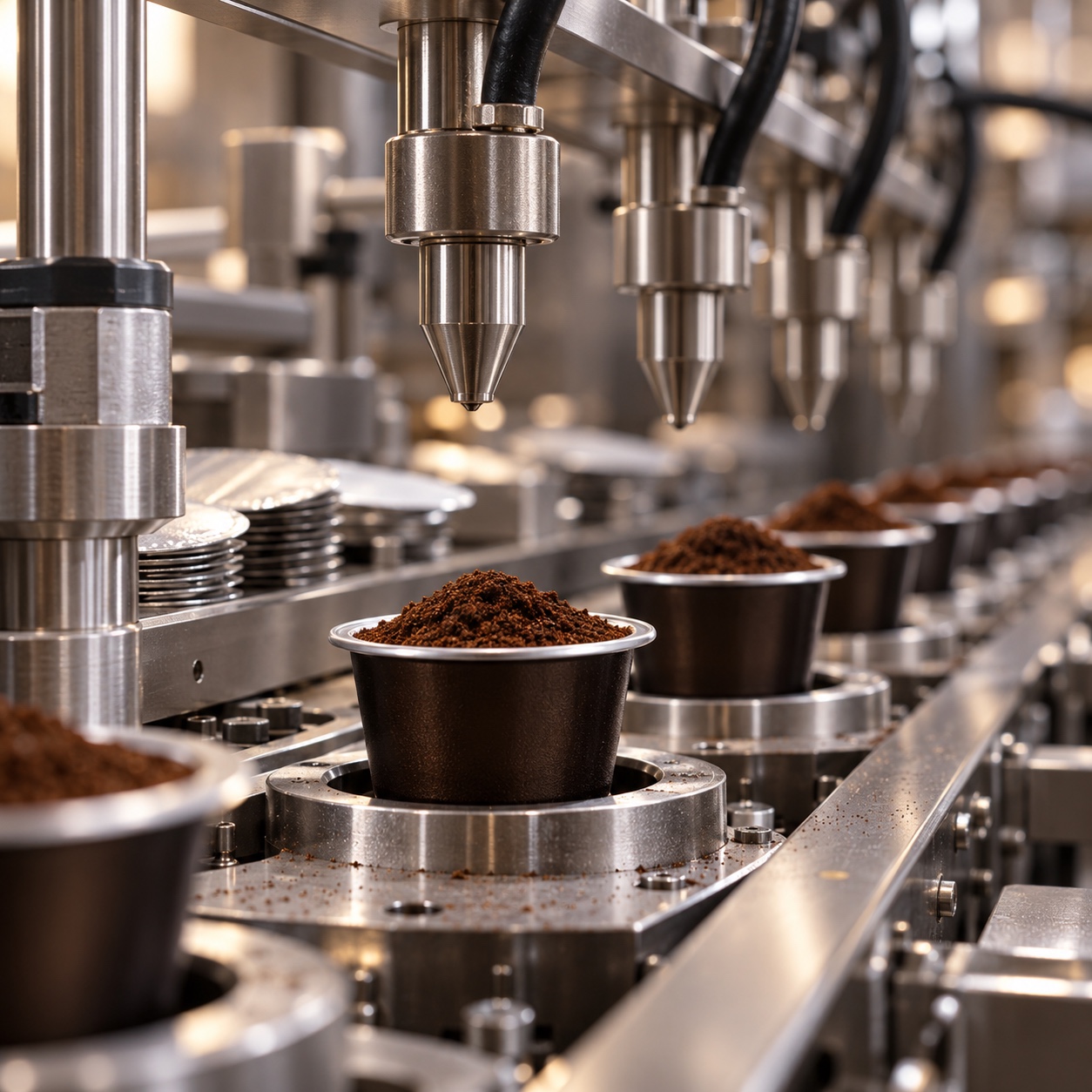Coffee capsule nitrogen flushing station Nitrogen dosing nozzles above filled coffee capsules on a conveyor | Sky Rye Design Nitrogen dosing nozzles above filled coffee capsules on a conveyor