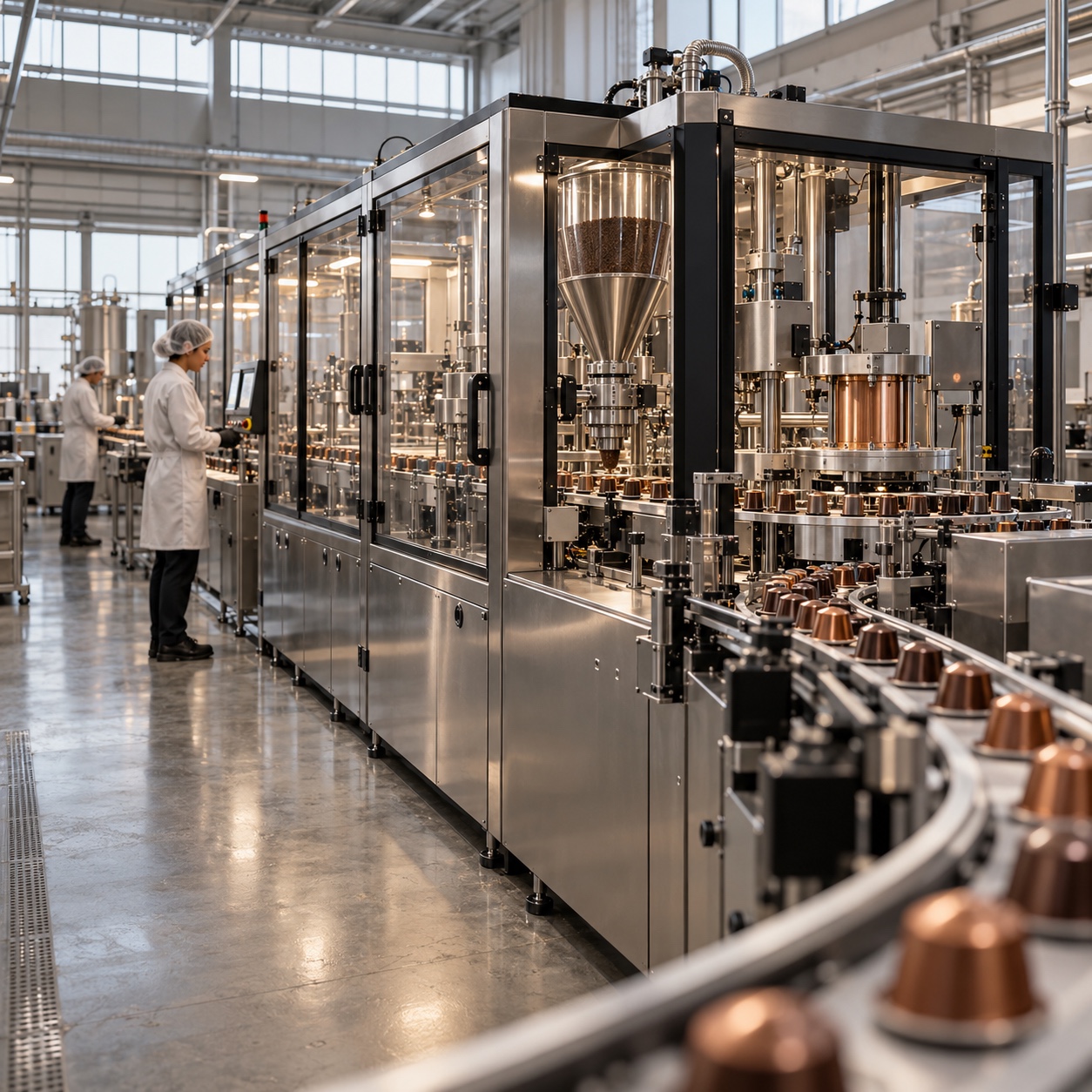 Automated coffee capsule packaging line Automated coffee capsule packaging machine in a modern production hall | Sky Rye Design Automated coffee capsule packaging machine in a modern production hall