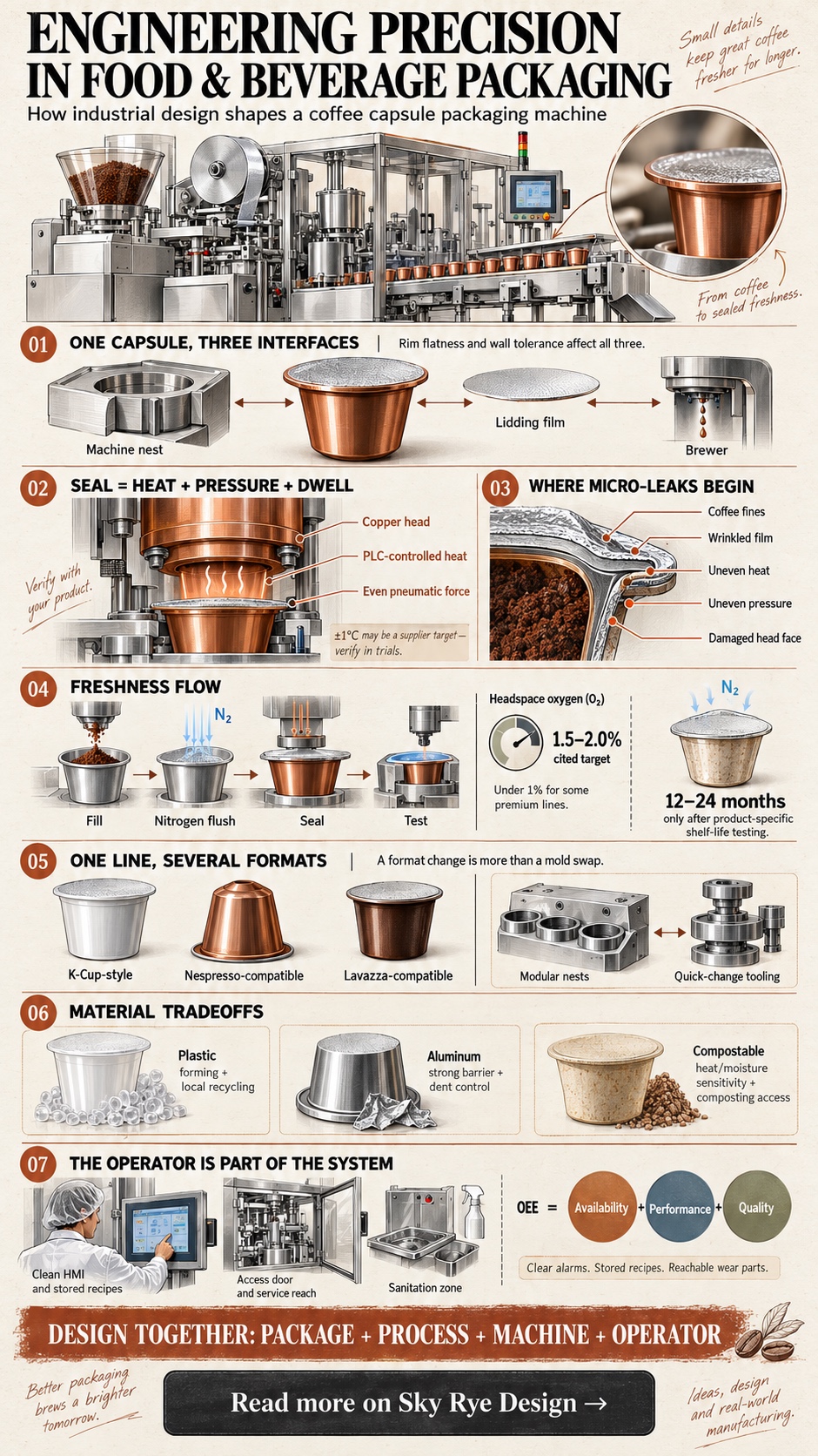 Coffee capsule packaging machine infographic Infographic explaining coffee capsule geometry, sealing, nitrogen flushing, materials, formats and operator access | Sky Rye Design Infographic explaining coffee capsule geometry, sealing, nitrogen flushing, materials, formats and operator access