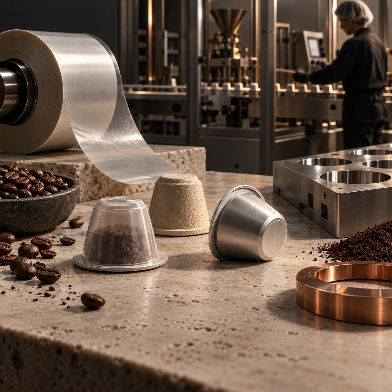 Coffee capsule packaging system still life Capsules, lidding film, tooling and sealing components arranged as one design system | Sky Rye Design Capsules, lidding film, tooling and sealing components arranged as one design system