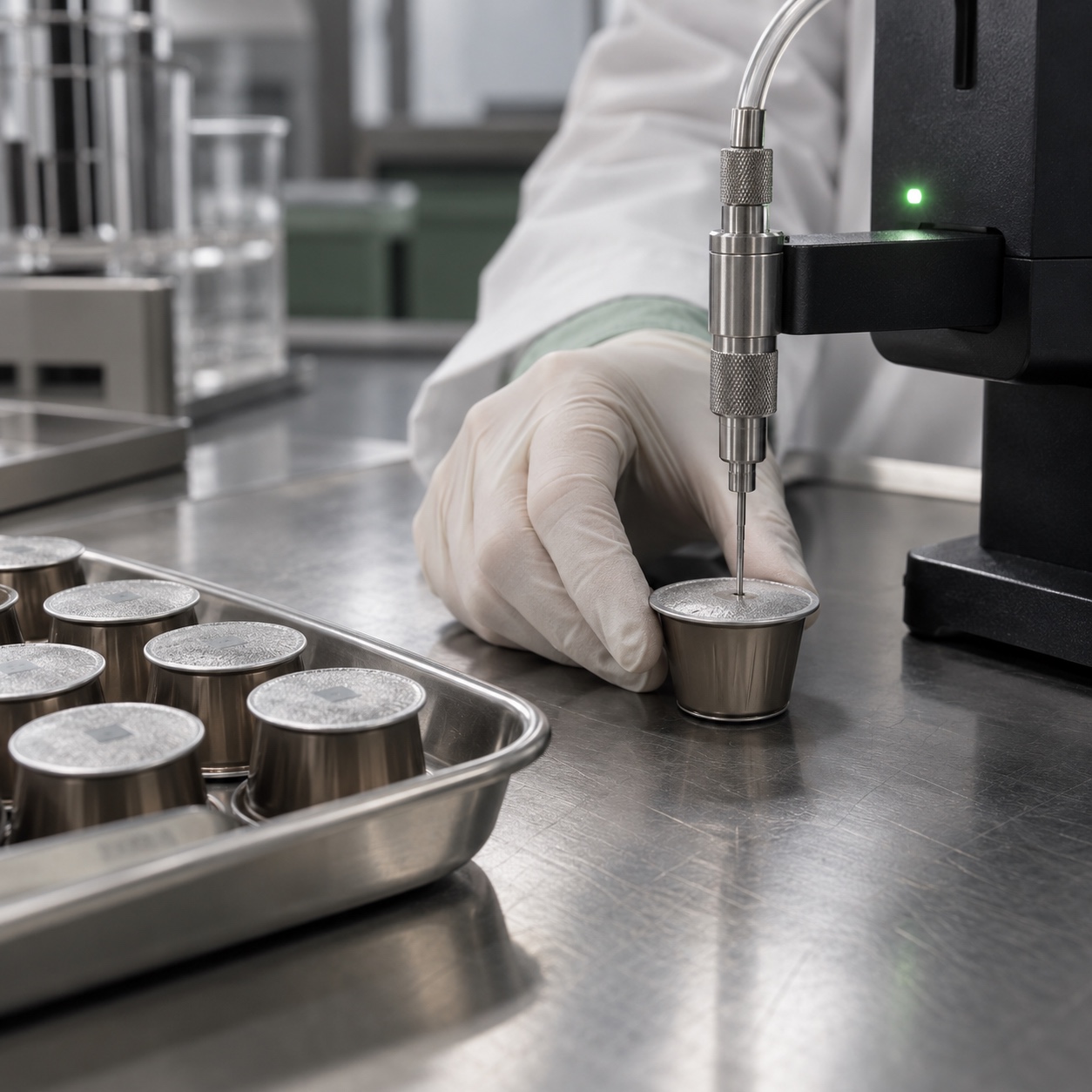 Residual oxygen testing for coffee capsules Headspace oxygen analyzer testing a sealed coffee capsule | Sky Rye Design Headspace oxygen analyzer testing a sealed coffee capsule