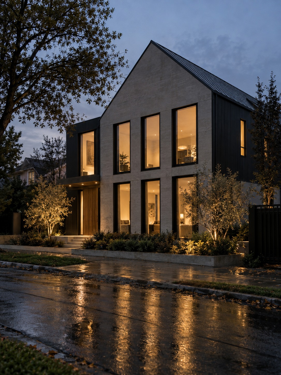 Cohesive windows evening facade Contemporary house with matching tall black-framed windows glowing at dusk | Sky Rye Design Contemporary house with matching tall black-framed windows glowing at dusk