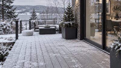 Snow-dusted composite deck beside a contemporary house in winter