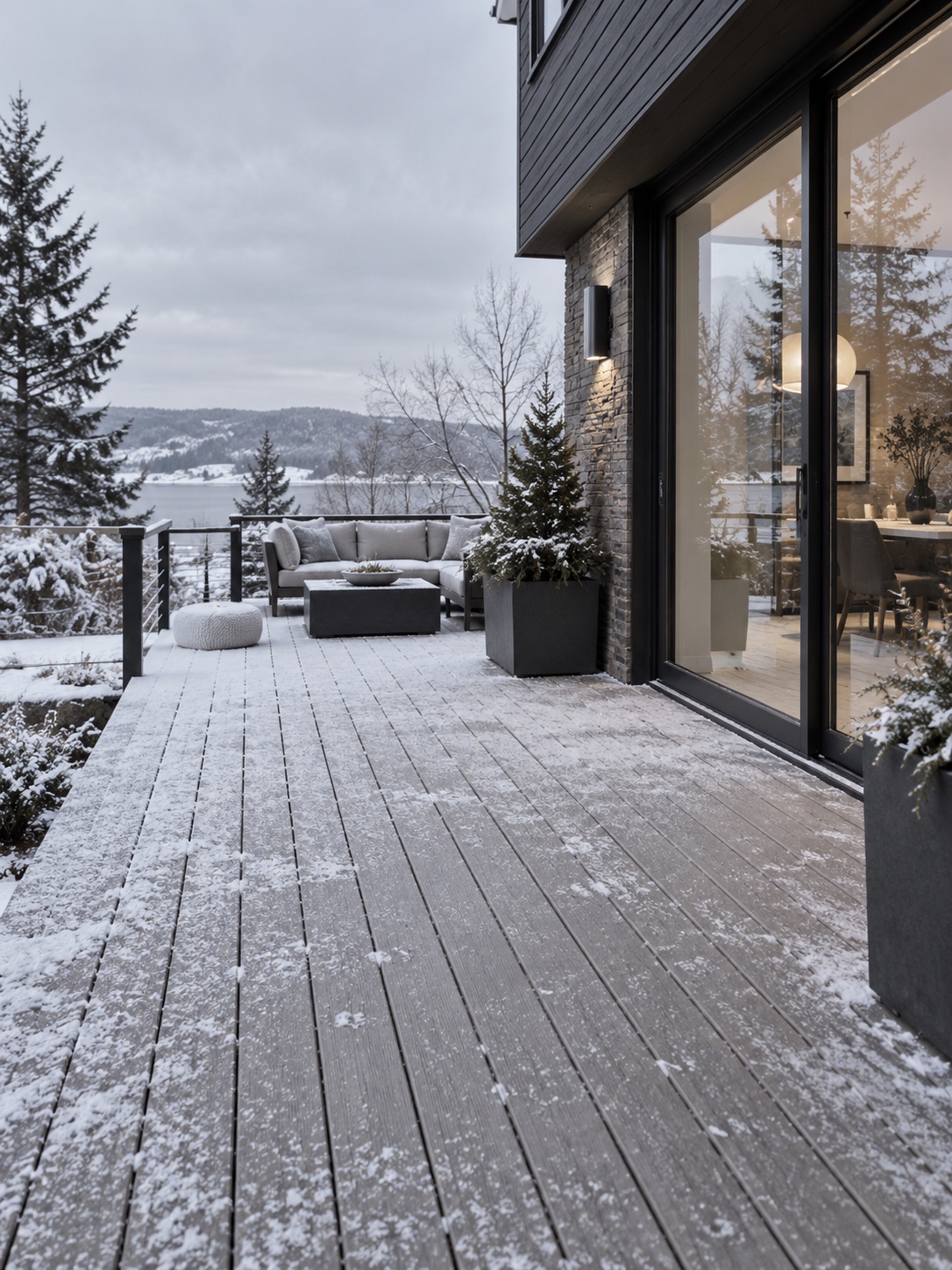 Modern Composite Deck in Winter Snow-dusted composite deck beside a contemporary house in winter | Sky Rye Design Snow-dusted composite deck beside a contemporary house in winter