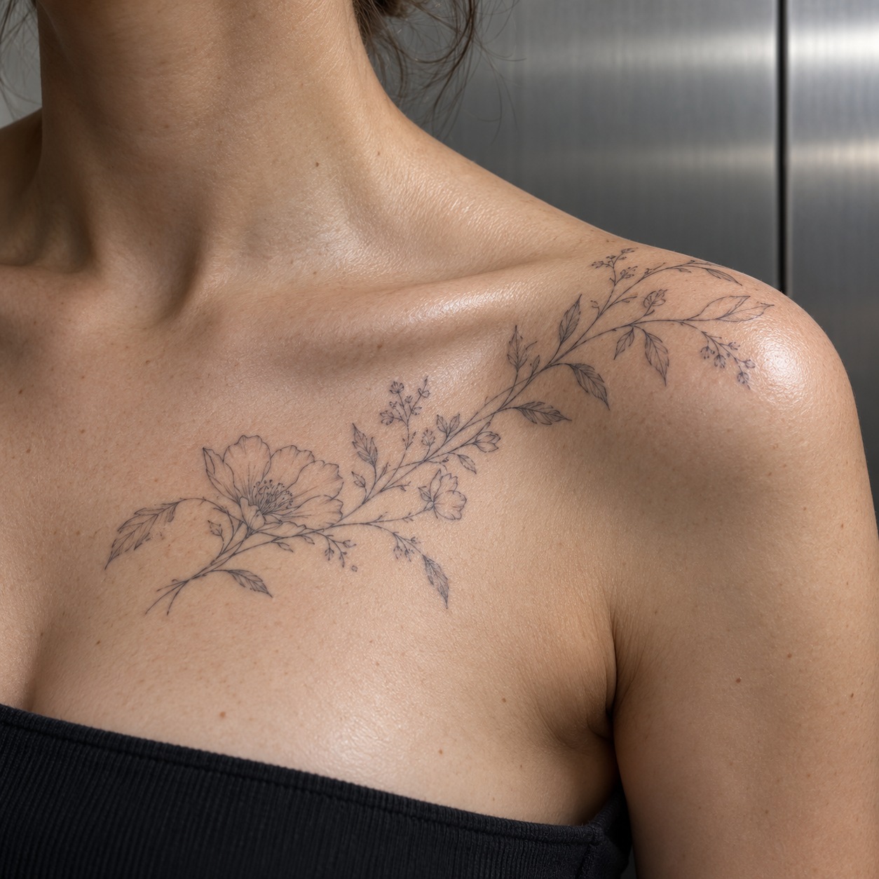 Floral tattoo across the collarbone and upper chest