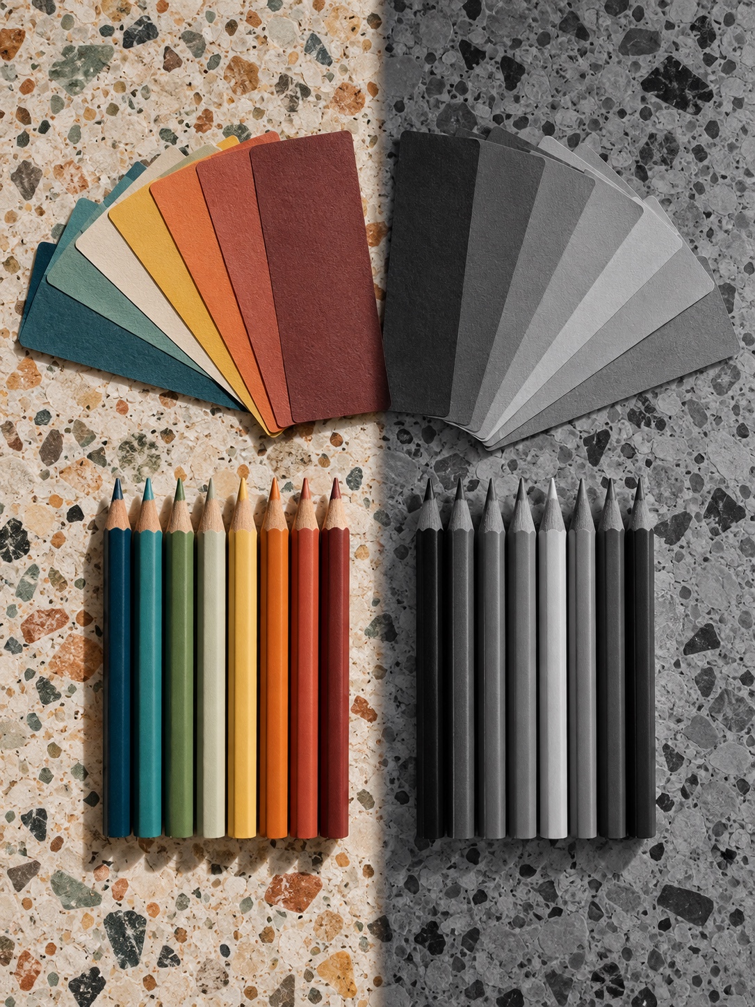 The same color swatches appear in full color and grayscale for an accessibility check.