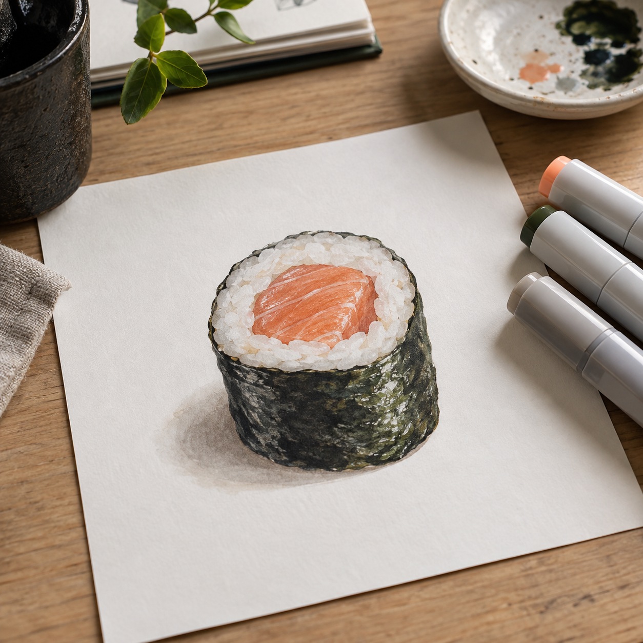 Finished marker drawing of maki with salmon filling, pale rice and dark grey-green nori