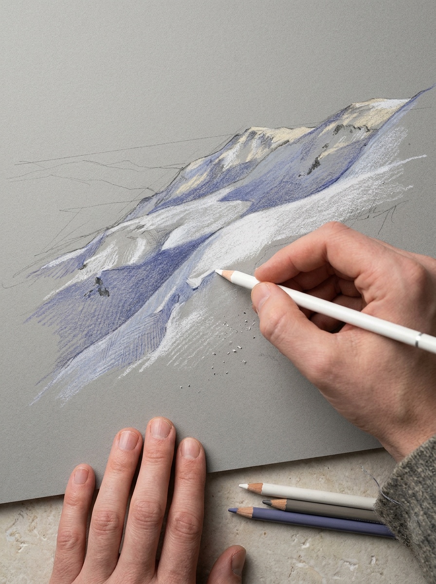 Colored pencil on toned gray paper White and blue-violet colored pencil snow drawing on toned gray paper | Sky Rye Design White and blue-violet colored pencil snow drawing on toned gray paper