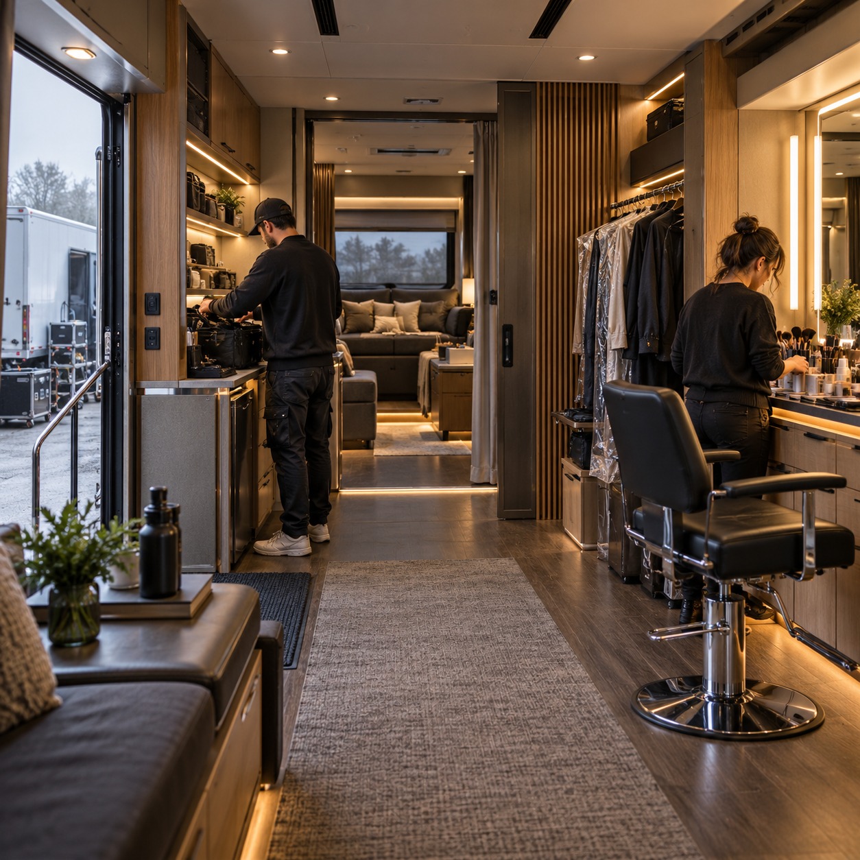 Combined production motorhome hub with office, makeup chair, wardrobe rack, and talent lounge