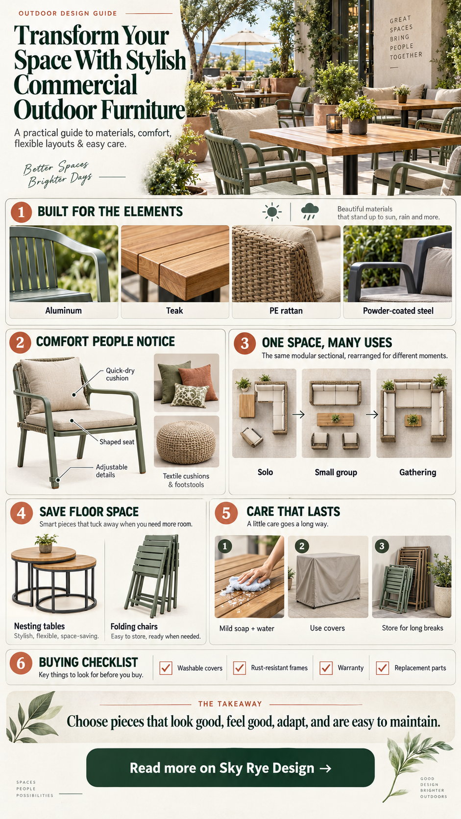 Infographic showing outdoor furniture materials, comfort features, modular layouts, space-saving pieces, and care tips for commercial patios.