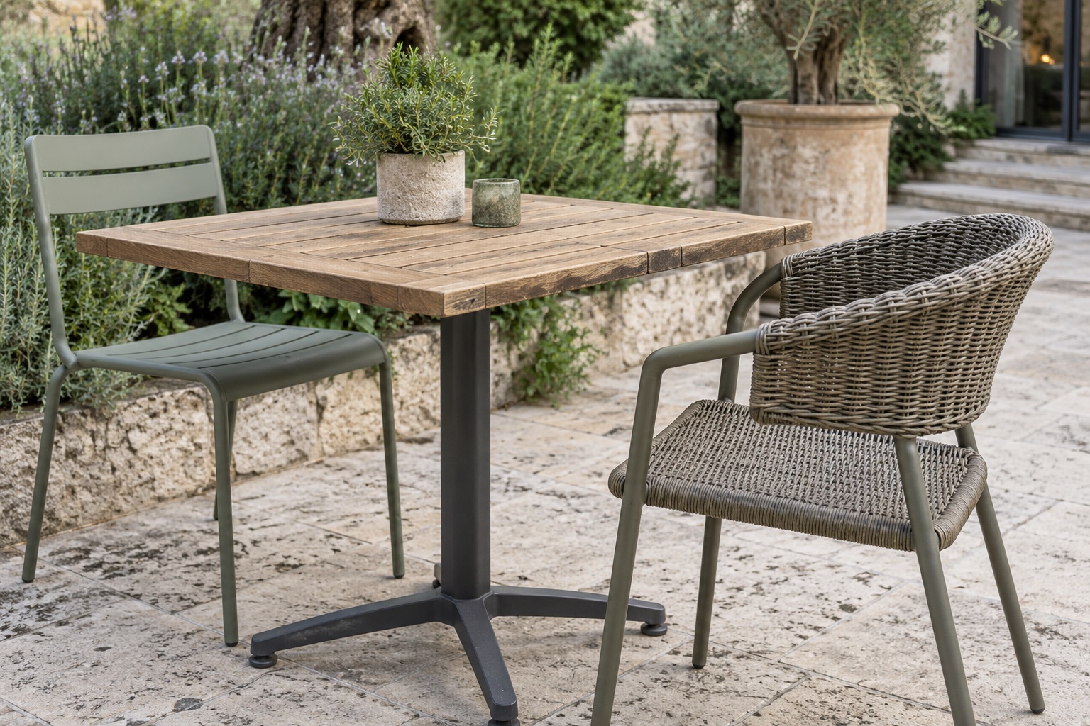 Teak café table with a powder-coated base, aluminum chair, and woven outdoor chair on a stone terrace.