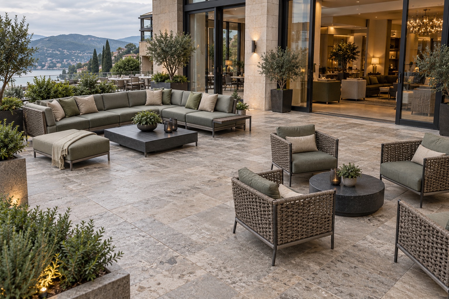 Hotel terrace with modular sectional seating and a separate cluster of outdoor armchairs.