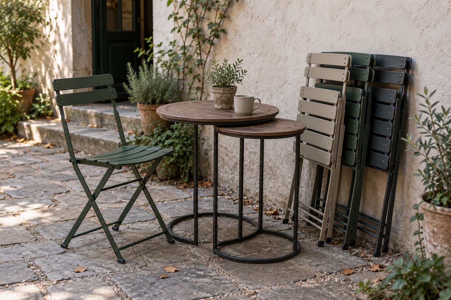 Nesting outdoor tables beside folded café chairs in a compact courtyard.