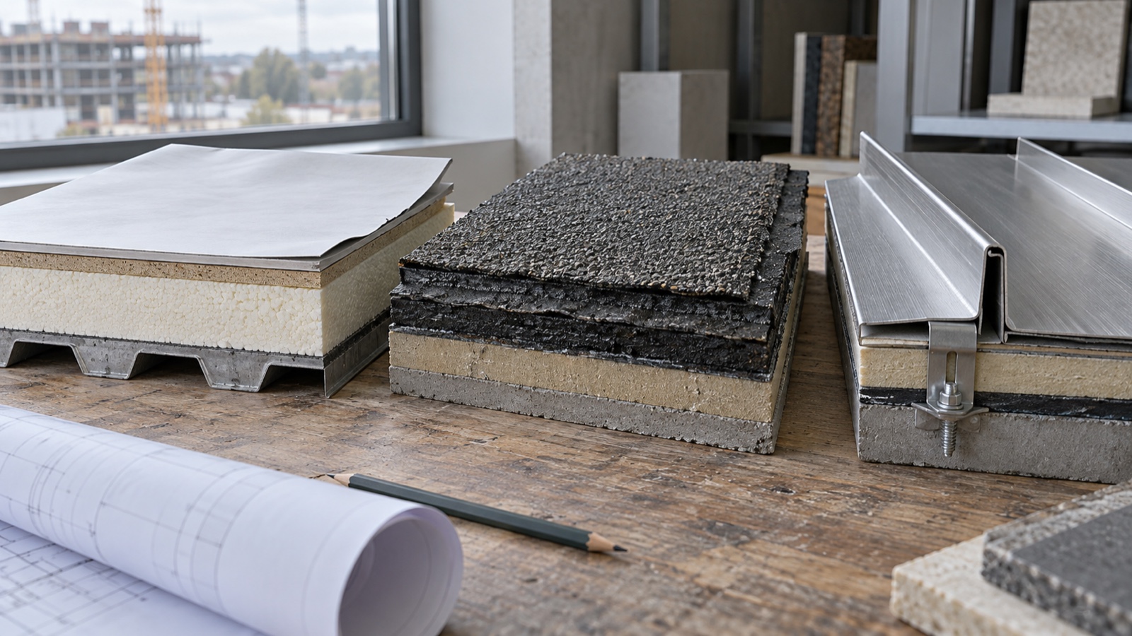 Comparing commercial roof assemblies Side-by-side material samples of single-ply membrane, modified bitumen and standing-seam metal roofing with insulation layers on a work table | Sky Rye Design Side-by-side material samples of single-ply membrane, modified bitumen and standing-seam metal roofing with insulation layers on a work table
