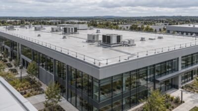 Large contemporary commercial building with a clean, well-maintained low-slope white roof, neatly grouped rooftop equipment and a defined walkway under soft daylight
