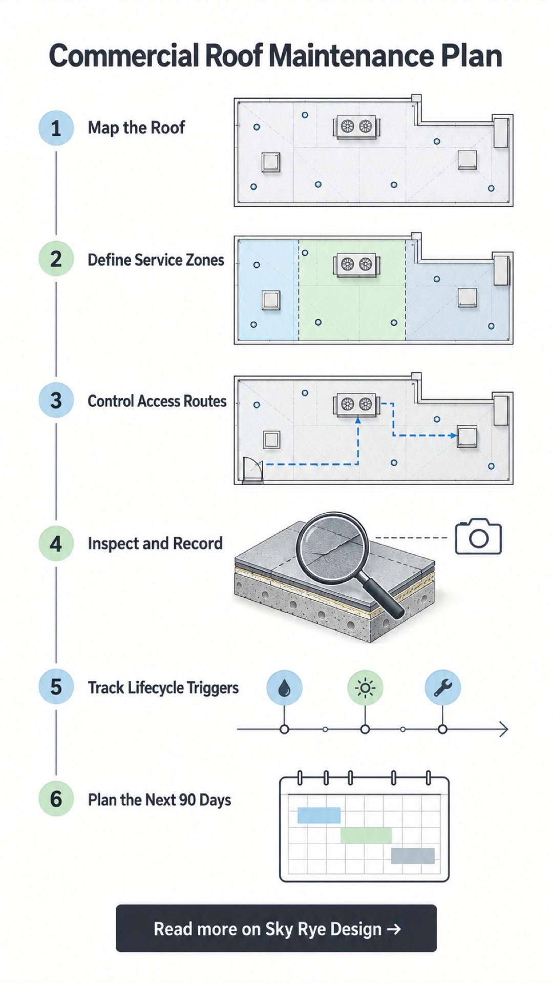 Commercial Roof Maintenance Plan Vertical infographic showing six stages of a commercial roof maintenance plan, from mapping the roof to planning the next 90 days | Sky Rye Design Vertical infographic showing six stages of a commercial roof maintenance plan, from mapping the roof to planning the next 90 days