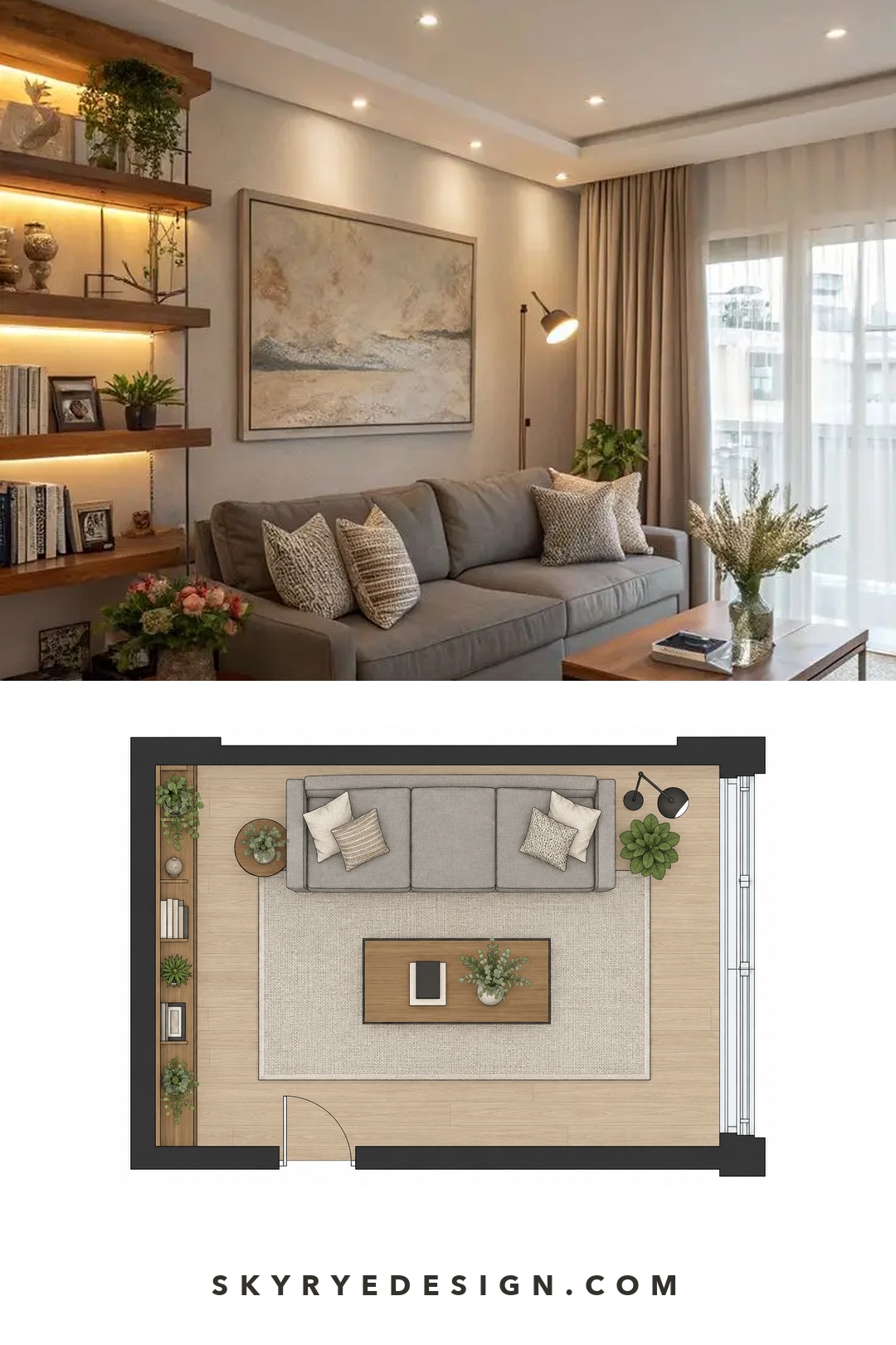 Compact living room photo paired with a floor plan showing the sofa, coffee table, shelving, and window wall