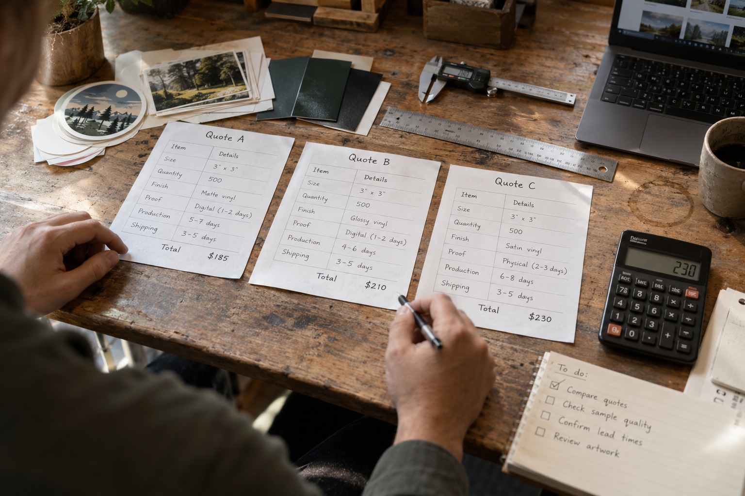 Comparing Custom Sticker Printing Quotes Small-business buyer comparing sticker quotes, material samples, dimensions and shipping costs | Sky Rye Design Small-business buyer comparing sticker quotes, material samples, dimensions and shipping costs