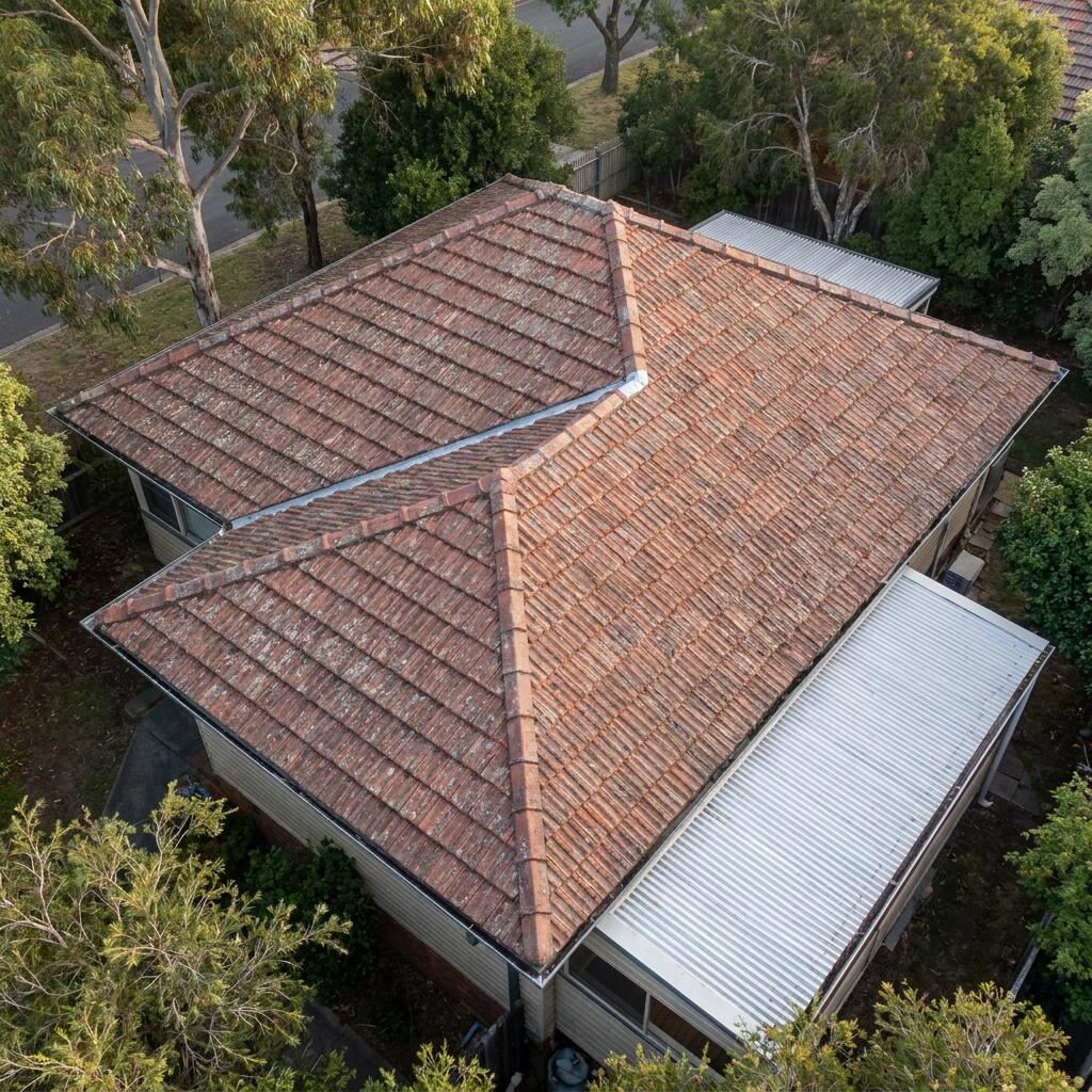 Aerial view of a tiled Australian house roof with several ridges, hips and valleys